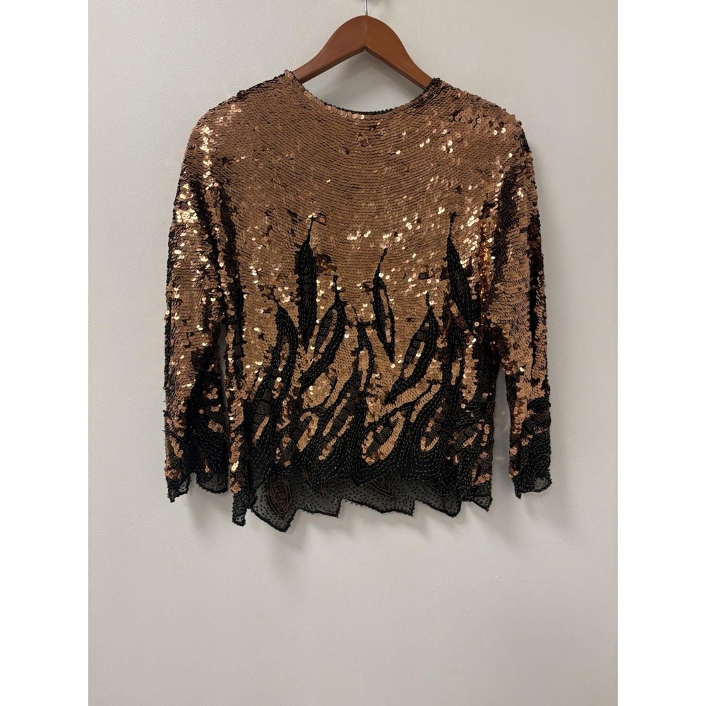 VTG Women's Oleg Cassini Brown & Copper Leaf Design Sequin Top 100% Silk Sz Med